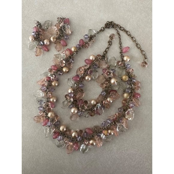 Vintage pink purple clear glass leaves beaded necklace bracelet earrings set - Picture 1 of 8